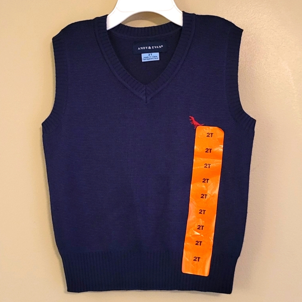 NWT Andy & Evan navy knit vest with embrodiered dinosaur
